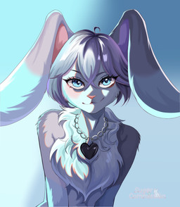 anthro black_medalion blue_eyes female fluffy fluffy_chest gradient_background grey_body grey_hair hair heart_chain medallion neck_chain neon_lights pink_nose simple_background solo violet_shade sugar_(artist) lagomorph leporid mammal rabbit absurd_res hi_res