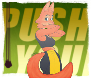 4_fingers anthro bottomwear bra butt clothing detailed_background ears_up eyelashes female fingers gym hands_on_neck looking_at_viewer orange_body piercing shorts side_view smile solo sports_bra sportswear tail text underwear g0ni25 dreamworks the_bad_guys diane_foxington canid canine fox mammal 2025 hi_res