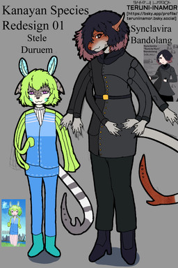anthro black_hair clothed clothing duo female green_hair hair male membrane_(anatomy) multi_arm multi_limb pupils red_pupils redesign tail webbed_hands teruni-inamor stele_duruem synclavira_bandolang alien kanayan 2:3 hi_res model_sheet