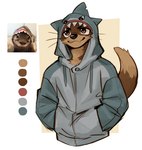 anthro bared_fangs biped brown_body brown_eyes brown_fur clothing countershade_fur countershading fur hoodie male shark_hoodie solo topwear atkaso mammal mustelid otter 2024 hi_res