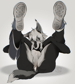 after_anal after_sex alternative_fashion anthro anus backsack balls bodily_fluids boxers_(clothing) character_ash clothed clothing clothing_around_one_leg cum cum_drip cum_in_ass cum_inside dripping emo femboy footwear fur gaping gaping_anus genital_fluids genitals holding_both_legs male partially_clothed shoes simple_background smile sneakers socks solo spread_legs spreading underwear underwear_around_one_leg underwear_down monsterchompers monsterclawspng canid canine fox mammal absurd_res hi_res