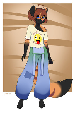adolescent anthro bell-bottoms clothed clothing eyewear feet female fingers fur glasses hair looking_at_viewer overalls round_glasses shirt simple_background smile solo standing tail teeth text text_on_clothing text_on_shirt text_on_topwear toes topwear wearing_glasses young young_anthro young_female synnfultiger canid canine felid fox hybrid mammal pantherine tiger absurd_res digital_media_(artwork) hi_res