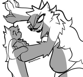 4_fingers 5_fingers against_surface against_wall ambiguous_gender anthro black_lips blush bra clothing duo eyeliner female female/ambiguous fingers lips makeup shadow simple_background size_difference toothy_grin underwear white_background bigsteppies mythology canid canine fella_(aimkid) mammal mythological_canine mythological_creature werecanid werecanine werecreature werewolf black_and_white monochrome