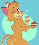 4_fingers anthro breasts brown_body brown_fur cake dessert female fingers food fur gesture hand_gesture looking_at_viewer looking_back nude one_eye_closed pose rear_view smile solo standing tongue tongue_out v_sign wink electricplasmid lily_(gabbah) domestic_cat felid feline felis mammal 2018 hi_res