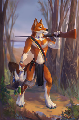 4_toes 5_fingers anthro athletic athletic_anthro athletic_male bandolier barefoot biped black_claws black_lips black_nose black_pawpads blue_eyes blurred_background bottomwear brown_body brown_fur carrying_corpse carrying_weapon cheek_tuft claws clock clothing day dead_animal depth_of_field digitigrade dirt facial_tuft feet feral finger_claws fingers fur golden_hour gun holding_corpse holding_gun holding_object holding_ranged_weapon holding_shotgun holding_weapon hunting inner_ear_fluff jewelry knife knife_sheath lake lips loincloth male multicolored_body multicolored_fur necklace outside pawpads paws plant ranged_weapon shotgun shrub sky snout solo standing tail toe_claws toes tree tuft two_tone_body two_tone_fur walking watch weapon weapon_on_shoulder white_body white_fur wristwatch kinsheph bruma_(rinzazen) anatid anseriform avian bird canid canine canis duck ethiopian_wolf mammal wolf 2026 hi_res shaded signature smaller_version_at_source warm_colors