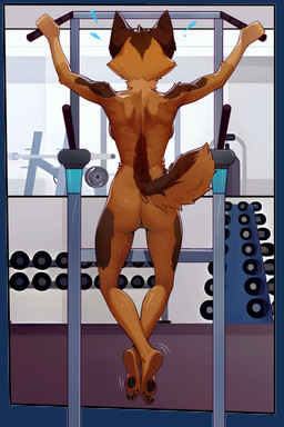 4_toes anthro athletic athletic_anthro athletic_female biped bodily_fluids breasts butt casual_nudity dumbbell exercise feet female female_anthro fingers fur genitals gym hair holding_object humanoid_genitalia humanoid_vulva pawpads plantigrade public public_nudity rear_view solo sweat sweatdrop tail toes vulva weightlifting weights workout ai_assisted ai_generated_background sicmop canid canine canis domestic_dog german_shepherd herding_dog mammal pastoral_dog 2:3 absurd_res digital_media_(artwork) hi_res