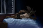 anthro athletic athletic_anthro athletic_male bed bedroom_eyes bulge clothed clothing fur furniture looking_at_viewer male narrowed_eyes on_bed seductive solo topless underwear aquaticas canid canine canis domestic_dog mammal