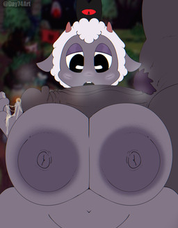 anthro areola big_breasts bodily_fluids breasts crown crown_only cum cum_on_hand duo female genital_fluids genitals headgear headgear_only looking_at_genitalia looking_at_penis male musk nipples open_mouth penis penis_on_breast precum presenting presenting_penis pubes day74art cult_of_the_lamb massive_monster_(studio) goat_(cult_of_the_lamb) lamb_(cult_of_the_lamb) red_crown_(cult_of_the_lamb) bovid caprine goat mammal sheep hi_res