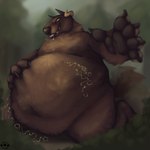 abdominal_bulge anthro belly belly_grab big_belly big_claws claws forest forest_background hand_print horn kneeling large_paws male moobs muffled muffled_speech nature nature_background oral_vore overweight overweight_anthro overweight_male plant reaching reaching_towards_viewer rumbling_stomach solo struggling struggling_prey tail tail_motion tailwag tree unwilling_prey vore analog_vorer forest_monster_(analog_vorer) canid canine mammal monster 1:1 hi_res