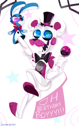 bow_(feature) bow_tie clothing hand_puppet hat headgear headwear machine male puppet top_hat sideshow-spottus five_nights_at_freddy's scottgames sister_location funtime_freddy_(fnafsl) puppet_bonnie_(fnafsl) animatronic bear lagomorph leporid mammal rabbit robot 2017 absurd_res digital_media_(artwork) hi_res