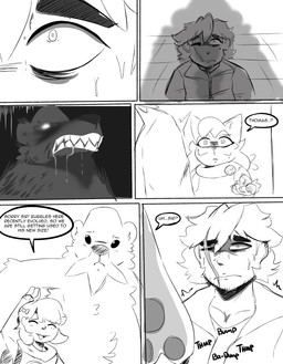 anthro bodily_fluids dialogue drooling duo facial_hair facial_scar fangs female heart_beating looking_up male nervous saliva scar scared shadow sweat sweatdrop teeth text spicykiwi nintendo pokemon thomas_(spicykiwi) tulip_(spicykiwi) beartic floragato generation_5_pokemon generation_9_pokemon human mammal pokemon_(species) absurd_res comic hi_res monochrome story