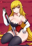 big_breasts blonde_hair bottomless breasts cleavage clothed clothing female hair holding_katana holding_melee_weapon holding_object holding_sword holding_weapon katana legwear melee_weapon not_furry solo sword thigh_highs weapon dako shinobu_oshino elf humanoid hi_res