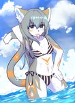 anthro bikini blue_eyes blush breasts chest_markings clothing cloud cute_fangs ear_markings ear_tuft female female_anthro fur glistening grey_body grey_fur grey_hair hair hand_behind_head hand_on_leg hand_on_thigh kemono leg_markings light long_hair looking_at_viewer markings navel orange_markings outside partially_submerged raised_arm sea seascape side-tie_bikini sky small_breasts solo standing standing_in_water string_bikini stripes sunlight swimwear tail tail_markings thigh_markings tuft two-piece_swimsuit water wet white_body shiokisylvia domestic_cat felid feline felis mammal absurd_res hi_res portrait three-quarter_portrait