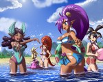 ball beach beach_ball bikini black_hair blonde_hair blue_eyes blush breasts clothed clothing dark_body dark_skin ear_piercing ear_ring eyes_closed female group hair inflatable midriff navel one-piece_swimsuit open_mouth partially_submerged piercing purple_hair red_hair ring_piercing seaside swimwear two-piece_swimsuit wet sonicboom30813 shantae_(series) wayforward harmony_(shantae) plink_(shantae) shantae vera_(shantae) zapple_(shantae) genie humanoid 5:4 absurd_res hi_res