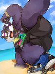 anthro beach belly blush bottomwear breakdancing clothing dancing footwear fur male overweight purple_body purple_fur shoes shorts sneakers solo yellow_eyes itatuki_78 lifewonders tokyo_afterschool_summoners alp_(tas) bear giant_panda mammal hi_res