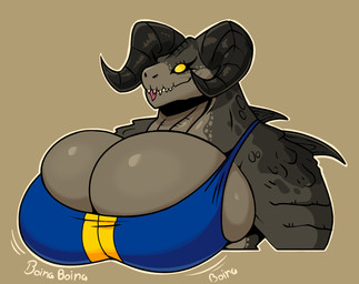 anthro back_spikes big_breasts blep bouncing_breasts breast_focus breasts brown_background brown_body bulging_breasts cleavage cleavage_overflow clothed clothing curved_horn eyelashes fangs female grey_body grey_scales horn huge_breasts non-mammal_breasts onomatopoeia outline scales sharp_teeth shirt side_boob simple_background simple_eyes smile solo sound_effects spikes spikes_(anatomy) tan_outline teeth text three-quarter_view tongue tongue_out topwear yellow_eyes johndrawfatties fallout microsoft fan_character lucy_the_deathclaw deathclaw reptile scalie 2025 bust_portrait digital_media_(artwork) hi_res portrait
