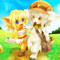 anthro bandeau blonde_hair blue_eyes clothing daww duo female fur hair hat headgear headwear hooves horn kemono topwear white_body white_fur yellow_body yellow_fur young young_anthro young_female tetetor-oort checa_(tetetor-oort) puran_(kishibe) 1:1 2008