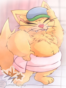 anthro bathroom belly_tuft big_tail body_hair chest_hair eyewear fangs fluffy goggles holding_object male overweight overweight_male red_nose shortstack smile smiling_at_viewer solo standing tail teeth tongue tongue_out towel tuft whiskers yellow_body justwatchingthings nintendo warioware spitz_(warioware) domestic_cat felid feline felis mammal 3:4 hi_res