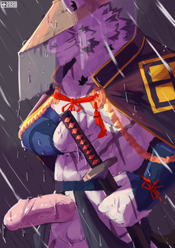 5_fingers anthro balls big_penis clothing dripping erection fingers fur genitals hat headgear headwear humanoid_genitalia humanoid_penis katana male melee_weapon muscular muscular_anthro muscular_male penis raining solo sword vein veiny_penis weapon wet monsterplus mammal absurd_res hi_res