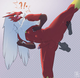 anal anal_fingering balls blue_eyes blush blush_lines bodily_fluids disembodied_hand duo erection fingering genital_fluids genitals ghost_hand humanoid_genitalia humanoid_penis interrobang male muscular open_mouth penis precum red_body shocked solo_focus spread_legs spreading sweat tongue exsys nintendo pokemon blaziken generation_3_pokemon pokemon_(species) hi_res