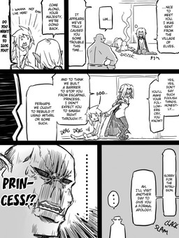 dialogue eyewear female glasses group humor male not_furry text jin_(mugenjin) elfxorc elf humanoid orc 3:4 comic english_text greyscale monochrome