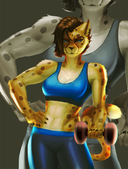 5_fingers abs anthro arm_tuft athletic athletic_anthro athletic_female blue_eyes bottomwear bra breasts brown_hair brown_nose brown_spots cheek_tuft claws clothing dumbbell elbow_tuft exercise eyebrows eyelashes facial_tuft female finger_claws fingers fur hair hand_on_hip holding_object inner_ear_fluff looking_at_viewer markings medium_breasts midriff navel pants short_hair shoulder_tuft solo sports_bra spots spotted_body spotted_fur spotted_markings spotted_tail tail tail_markings tuft underwear weights workout yellow_body yellow_fur rerepop trinity_barnett cheetah felid feline mammal 2019 hi_res portrait three-quarter_portrait