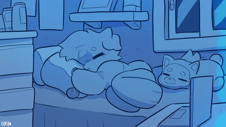 ambiguous_gender anthro bed bedroom biped clothing computer drawer electronics furniture laptop lying night on_side oversized_clothing pillow plushie sleeping solo window copithecat narpy canid canine canis domestic_dog mammal 16:9 blue_and_white hi_res monochrome widescreen
