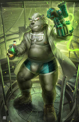 5_fingers anthro barazoku bare_chest belly biped black_nose boxer_briefs bulge clothed clothing coat eyebrows eyewear facial_scar fingers fist footwear fur goggles grey_body grey_fur grin hair holding_object jacket lab_coat legwear looking_at_viewer male musclegut muscular muscular_anthro muscular_male navel nipples open_clothing open_coat open_jacket open_topwear scar science scientist shoes smile socks solo standing teeth topwear underwear vial white_hair takahirosi bear mammal 2018 hi_res