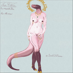 anthro blue_eyes female genitals gold_(metal) gold_halo gold_jewelry golden_nails jewelry markings necklace nipple_piercing nipples piercing scale_markings scales slim solo vagina_piercing vulva crescentdawn neia_(rivetstheblue) reptile scalie snake hi_res