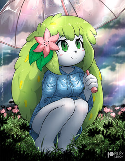 accessory anthro anthrofied blush blush_stickers clothing coat crouching female flower flower_(anatomy) flower_in_hair hair hair_accessory head_flower plant pokemorph raincoat raining solo topwear umbrella rilex_lenov nintendo pokemon generation_4_pokemon land_forme_shaymin legendary_pokemon pokemon_(species) shaymin