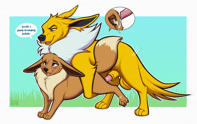 animal_genitalia animal_penis animal_vulva balls bodily_fluids breed canine_genitalia canine_penis canine_vulva cum dialogue duo ejaculation erection female feral feral_on_feral genital_fluids genitals male male/female penis sheath speech_bubble text vulva browniesnsfw nintendo pokemon eevee eeveelution generation_1_pokemon jolteon pokemon_(species) english_text hi_res