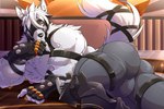 anthro biceps bulge butt clothed clothing fur hair harness male muscular muscular_anthro muscular_male nipples pecs red_eyes solo tail white_body white_fur daikitei mihoyo zenless_zone_zero von_lycaon canid canine canis mammal wolf hi_res