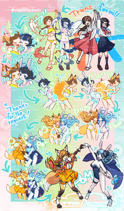 anthro clothing dipstick_tail duo female fluffy fluffy_tail magical_girl_outfit markings navel tail tail_markings transformation transformation_sequence underwear okaminiboshi animal_humanoid canid canid_humanoid canine canine_humanoid fox fox_humanoid human humanoid lagomorph lagomorph_humanoid leporid leporid_humanoid mammal mammal_humanoid rabbit rabbit_humanoid absurd_res hi_res