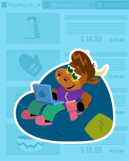 2_horns anthro bean_bag bent_arm black_hooves blue_clothing blue_handwear blue_oven_mitts blue_sclera bottomwear breasts brown_hair cheese_grater closed_smile clothed clothed_anthro clothed_female clothing computer container cup drinking_glass electronics female female_anthro fully_clothed fully_clothed_anthro fully_clothed_female glass glass_container glass_cup green_bottomwear green_clothing green_eyes green_pants green_stripes hair handwear holding_object holding_tumbler hoof_hands hooves horn laptop light mouth_closed multicolored_bottomwear multicolored_clothing outline oven_mitts pants patch_(fabric) pattern_bottomwear pattern_clothing pattern_pants pink_slippers price purple_clothing purple_shirt purple_t-shirt purple_topwear relaxed_expression shirt short_hair sitting_on_bean_bag smile solo sticker stickers_on_face striped_bottomwear striped_clothing striped_pants stripes t-shirt tan_horn text topwear tumbler two_tone_bottomwear two_tone_clothing two_tone_pants website white_outline unknown_artist cookie_haus jackbox_games the_jackbox_party_pack moonique_(cookie_haus) bovid bovine cattle mammal 2025 4:5 colored digital_drawing_(artwork) digital_media_(artwork) english_description hi_res lighting lineless official_art promotional_material shaded url