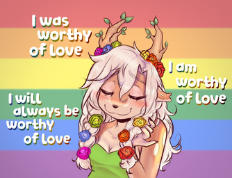 accessory anthro blush breasts cleavage clothed clothed_anthro clothed_female clothing female female_anthro flower flower_in_hair fur hair hair_accessory lgbt_pride long_hair multicolored_body multicolored_fur plant pride_color_background pride_colors rainbow_pride_colors simple_background solo tan_body tan_fur text two_tone_body two_tone_fur white_body white_fur white_hair buup lgbt_pride_month laurel_(buup) deer elemental_creature flora_fauna mammal 2025 digital_media_(artwork) english_text hi_res