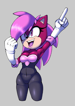 anthro armwear black_bodysuit black_clothing black_nose black_skinsuit bodysuit breasts cleavage clothed clothing cosplay elbow_gloves eyelashes female front_view fur gloves grey_background hair handwear lipstick makeup navel_outline open_mouth open_smile pink_hair pink_lipstick purple_body purple_fur simple_background skinsuit smile solo tan_body tan_fur thick_thighs tight_clothing white_clothing white_gloves white_handwear wide_hips thecakeee sega sonic_the_hedgehog_(series) sonic_underground rouge_the_bat sonia_the_hedgehog eulipotyphlan hedgehog mammal
