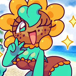 4_fingers beach big_breasts breasts brown_face butt cleavage clothed clothing cloud eyelashes female fingers freckled_face freckles gesture green_body hand_gesture leaf leaf_hair one-piece_swimsuit one_eye_closed open_mouth open_smile palm_tree petal_hair plant plant_hair pseudo_hair sea smile solo sparkles swimwear thick_thighs tree v_sign water wink jaltoid_(artist) mario_bros nintendo super_mario_sunshine great_sunflower elemental_creature elemental_humanoid flora_fauna humanoid plant_humanoid sunflower_creature 1:1 2024