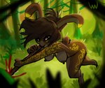 anthro blood bodily_fluids breasts brown_body curvy_figure female forest hunting jungle long_ears markings nude plant scut_tail short_tail simple_background solo stab tail tree lostwisdom lagomorph leporid mammal rabbit hi_res