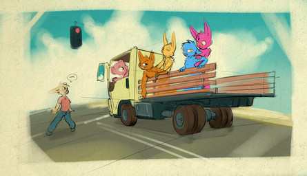 anthro group group_sex male nude open_mouth penetration sex shocked street text truck vehicle ratcha bear domestic_cat felid feline felis lagomorph leporid mammal rabbit digital_media_(artwork) hi_res