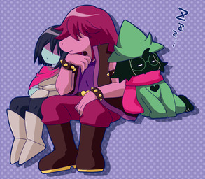 ambiguous_gender ambiguous_human anthro clothed clothed_ambiguous clothed_anthro clothed_female clothed_human clothed_male clothing female female_anthro fur group male male_anthro purple_body sleeping walnut_(pixiv) deltarune undertale_(series) kris_dreemurr ralsei susie_(deltarune) bovid caprine darkner goat human mammal reptile scalie 2019 digital_media_(artwork)