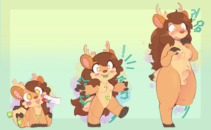 anthro balls breasts brown_body brown_hair disembodied_hand erection food fruit genitals gynomorph hair inanimate_to_anthro intersex navel nipples on_one_leg penis plant plushie seam_(sewing) simple_background smile solo standing strawberry surprised tail yellow_eyes pawberry deer mammal 2023 digital_media_(artwork) hi_res sequence trans_(lore) trans_woman_(lore)