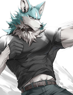 anthro blue_body blue_eyes blue_fur blue_hair clothing countershading fur gloves hair handwear male muscular muscular_anthro muscular_male simple_background solo chung0_0 brand_new_animal studio_trigger shirou_ogami canid canine canis mammal wolf digital_media_(artwork) hi_res