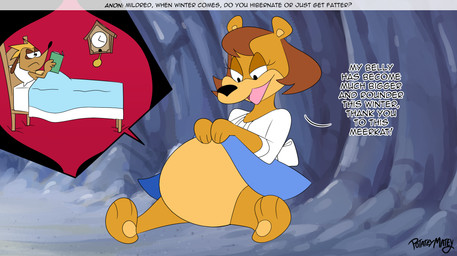 after_vore anthro bed belly big_belly brown_body brown_fur duo female female_pred fur furniture male male_prey overweight sitting text vore potateymatey marley_(potateymatey) mildred_(potateymatey) bear herpestid mammal meerkat 2025 english_text hi_res