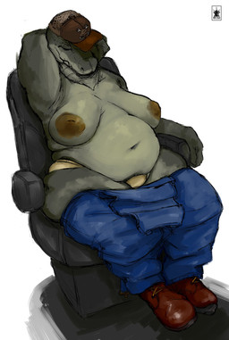 anthro belly bottomwear bottomwear_down breasts chair clothed clothing eyes_closed female furniture hat headgear headwear natural_breasts navel nipples non-mammal_breasts overweight overweight_anthro overweight_female panties pants pants_down partially_clothed sagging_breasts simple_background sitting sleeping solo topless trucker_hat underwear white_background bk_sat_(artist) alligator alligatorid crocodilian reptile scalie hi_res