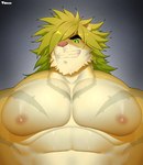 abs anthro blonde_hair blue_eyes fur green_hair green_sclera hair male mane markings muscular muscular_arms muscular_male nipples one_eye_obstructed pecs smile solo tan_body tan_fur third_eye_(marking) yellow_body yellow_fur el_tacc0 lifewonders tokyo_afterschool_summoners macan_(tas) felid mammal pantherine tiger hi_res