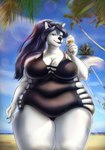 anthro beach breasts clothing dessert female food ice_cream obese obese_anthro obese_female outside overweight overweight_anthro overweight_female palm_tree plant seaside solo swimwear tree mononi canid canine mammal hi_res