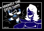 2018 darkner deltarune duo english_text goo-connected_lips hair humanoid lancer_(deltarune) linssins long_hair mouth_coming_off_face not_furry profanity rouxls_kaard simple_background spades_(suit) suit_symbol text undertale_(series)