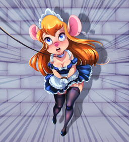 anthro bdsm biped blonde_hair blue_eyes bondage bound bow_ribbon breasts buckteeth cleavage clothed clothing collar dress ear_piercing ear_tag eyelashes female footwear garter_straps gloves hair hands_tied handwear lace leash leash_pull legwear lipstick long_hair maid_uniform makeup open_mouth piercing pink_nose shoes slave solo teeth thigh_highs uniform tlacuicani-studio_(artist) chip_'n_dale_rescue_rangers disney gadget_hackwrench mammal mouse murid murine rodent 2019 absurd_res hi_res