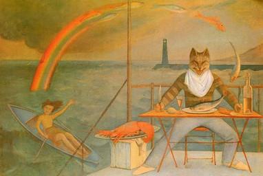 alcohol anthro barricade beverage boat box brown_hair canoe chair clothing cloud container cup day detailed_background dress drinking_glass duo female fence fish_meat food furniture glass glass_container glass_cup green_clothing green_dress hair holding_fork holding_knife holding_object knife male meat oar outside railing rainbow sitting standing table vehicle water watercraft white_bib white_plate wine wine_bottle wine_glass balthasar_klossowski balthus the_mediterranean_cat aquatic arthropod crustacean decapod domestic_cat felid feline felis fish human lobster malacostracan mammal 1949 20th_century ancient_art