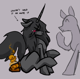 ambiguous_gender carnage_(c_rnage) duo embarrassed feces female feral flustered fur green_hair grey_body grey_fur hair horn public sitting stink_fumes text c_rnage mythology equid equine horse mammal mythological_creature mythological_equine pony unicorn english_text hi_res